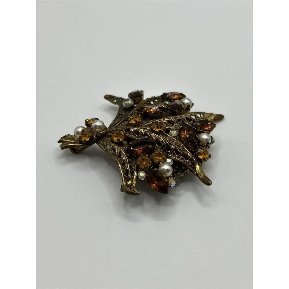 Vintage Floral Bouquet Brown Rhinestone‎ Faux Pearl Gold Tone Brooch Pin